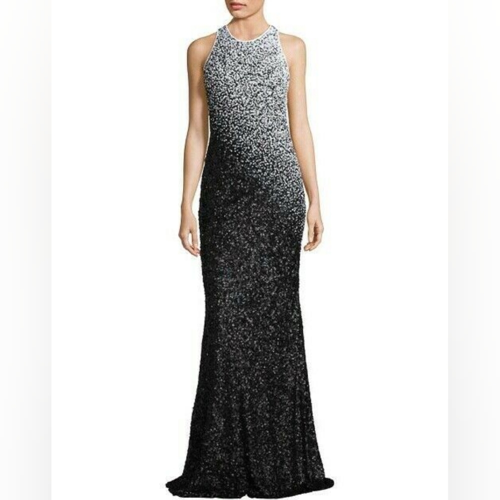 SALE🔖$1,200 CARMEN MARC VALVO OMBRE BLACK WHITE SEQUIN RUNWAY GOWN DRESS 2, 4.
